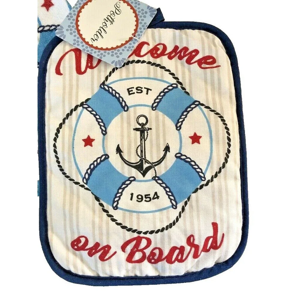 Anchor Dish Towels Oven Mitt Potholder Set of 4 Welcome on Board Beach Boat